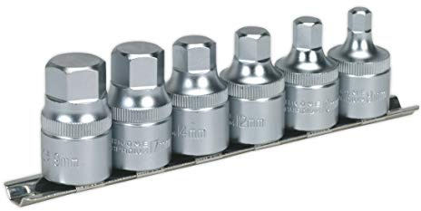 Sealey Ak6561 Hex Socket Bit Set with Rail 6Pc Stubby 1/2Sq Drive Metric