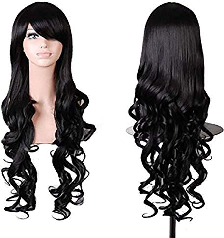 Fouriding 32 80cm Langhaar Lockinge Perücke Long Curly Wig Lange Gewellt Perücken für damen frauen Karneval Cosplay Party Fasching Kostüm Haarteile (schwarz)