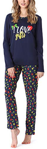 Merry Style Damen Lang Zweiteiliger Schlafanzug aus Baumwolle Pyjama Set Winter MS10-169 (Marine Geschenk, S)