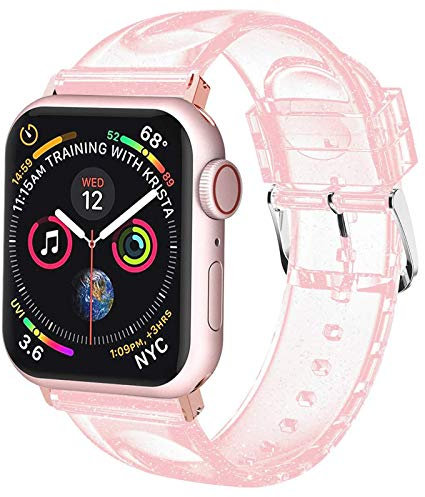 iiteeology Compatibile con cinturino Apple Watch da 42 mm, 41 mm, 40 mm, 38 mm, morbido cinturino trasparente glitterato per iWatch da donna serie 1-10, cinturino rosa/argento + connettore oro rosa