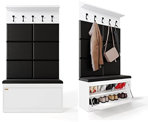 PLATAN ROOM Wand-Garderobe Set mit Garderobenpaneel & Schuhschrank & Hängeschrank 100 cm Flurgarderobe Garderobenset Flur Eiche Holz Weiß (3-TLG. mit 6 paneel, Weiß)