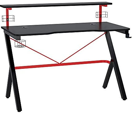 HOMCOM Scrivania da Gaming con Ripiano Monitor, Scrivania per Computer Porta PC con Gancio e Portabicchieri Nera e Rossa, 120x60x97cm
