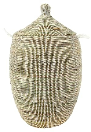 YAADU Wäschekorb mit Deckel 100L – Großer Wäschesammler mit Deckel, Geflochtene Wäschetonne, Boho Wäschekorb mit Henkeln, Wäschebehälter für Schmutzwäsche, Modell Djariou (Weiß)