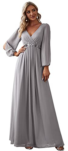 Ever-Pretty Damen Stilvolle Chiffon V-Ausschnitt Applique Plus Size Abendkleider mit Langen Laternenärmeln Grau 46EU