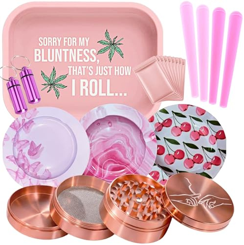 Pink Rolling Tray Kit – Metal Rolling Tray Set with 3 Ashtrays, Herb Grinder, 4 Protective Storage Tubes & Accessories – Complete Smoking Accessories Gift Set