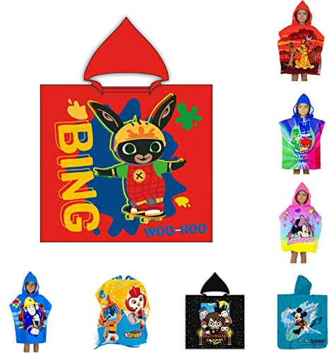 AYMAX SPRL Kinder Bade-Poncho mit Kapuze, 55x110cm, versch. Motive - König der Löwen, Harry Potter, PJ Masks, Batman, Minnie Mickey Mouse, Bing, Sam Badeponcho Handtuch Bademantel Poncho (Bing)