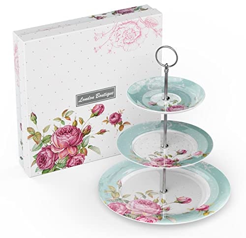 London Boutique Tortenständer mit 3 Etagen, für Nachmittagstee, Tortenständer, aus Knochenporzellan, Vintage-Flora, Geschenk für Sie (türkis)