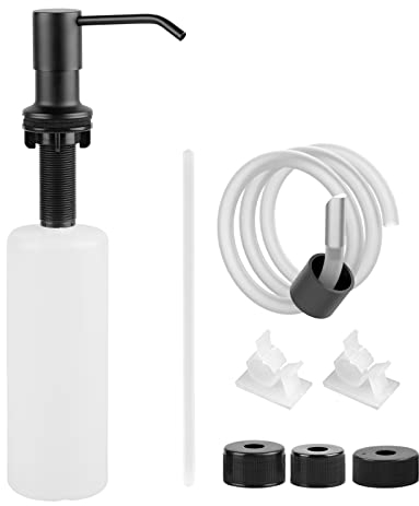 EFUTURETIME Distributeur de Savon Encastrable en INOX avec Bouteille 500ml, 1m Tuyau en Silicone, 4 Bouchons Universels, 2 Encliquetages, Distributeur de Savon Evier Cuisine, Salles de Bains, Noir