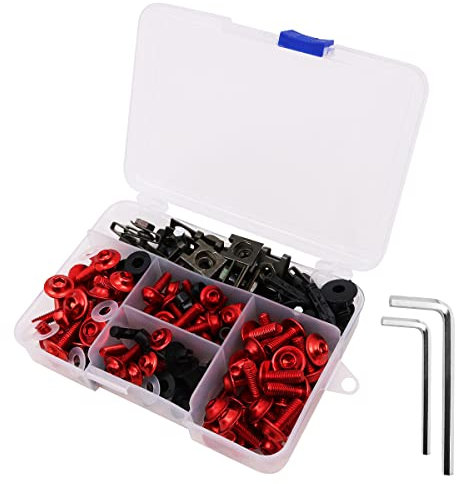 Tiardey Kit bulloni e Dadi per carenatura Moto Universale 177 Pezzi Viti per carrozzeria, Set di Cappucci per Viti Moto - Rosso