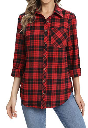 fuinloth Chemisiers et Blouses Femme Chemise en Flanelle Légère à Carreaux et Manches Longues Shirt élégant Tunique avec Poches Rouge M 38-40