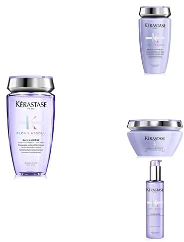 Kérastase Blond Absolu, Hydrating Illuminating Shampoo + Anti-Brass Purple Shampoo+ Anti-Brass Purple Hair Mask + Fortifying Heat Protecting Serum