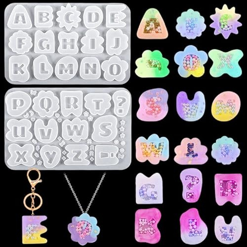FineInno 2 Piezas Moldes Resina Letras Shaker Alphabet Quicksand Molds Moldes Silicona Alfabeto Colgante Moldes de Fundición Artesanía para DIY Collar Joyería
