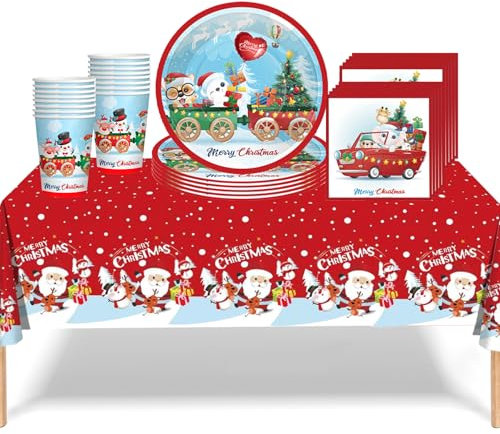 31Pcs Red Christmas Santa Tableware Decorations, Merry Plastic Table Cloth, Paper Cups Napkins Plates, Red Sleigh Table Cover Dinnerware for Christmas Party Supplies