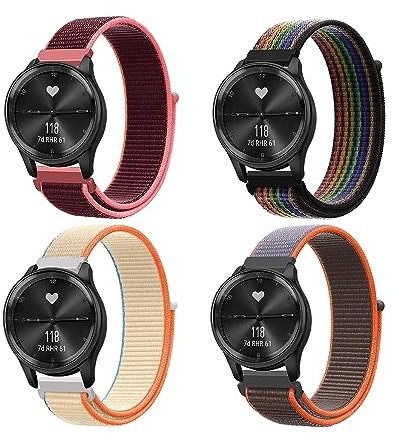 KoGiio 4 Stück 20mm Nylon Armband für Garmin Vivoactive 6/5/Garmin Forerunner 165/Garmin Forerunner 165 Music/Vivomove Trend/Venu Sq 2 Music/Sq 2 - Grauorange & Hellweiß & Rot & Regenbogen