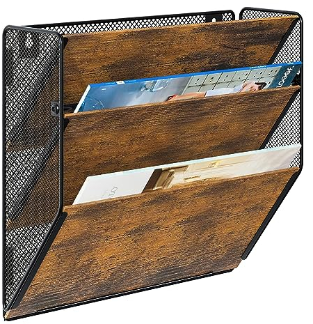 PAG Porte Document Mural à 3 étages Rangement Documents, En bois Rangement Bureau Organisateur,Trieur Mural Porte Revue A4 Présentoir,Convient Pour le Bureau /école/ Maison, Marron
