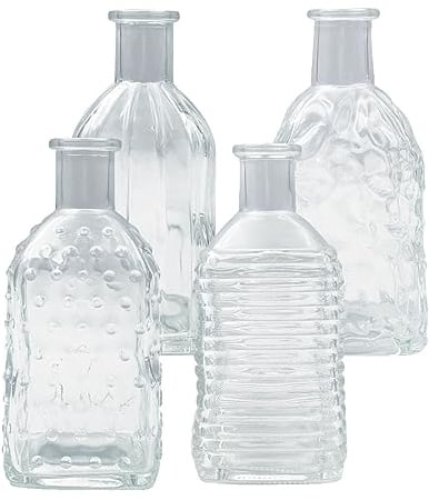 NaDeco Vintage Glasvasen, 4 Stück - H 13,5 cm - Ø 6,5 cm, in vielen Farben wählbar. Blumenvasen, Tischvasen & Dekoflaschen aus Glas | Glasflaschen, Glasfläschchen, Deko-Flaschen, Farbe:Glasklar