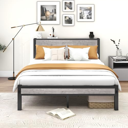 DUMEE King Size Bed Frame with Storage Wooden Headboard, Metal Bed Frame Kingsize Bed Base/Mattress Foundation, Enhanced Support Noise Free, Textured Black+Grey Oak