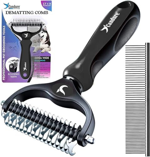 Candure Haustierfreundliche Hundebürste für Haarausfall & Effektive Haarentfernung 17+9 Doppelseitiger Entfilzungskamm für Hunde & Katzen Haarbürste zum Ausfallen (Schwarz)