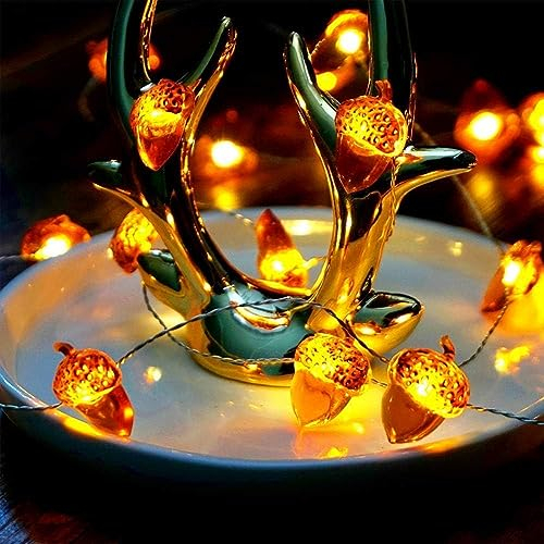 Bellotas Cadena de luces otoñales, 2 m, 20 LED, decoración con temporizador, cadena de luces para exteriores, batería, bellota de otoño, luz decorativa para Acción de Gracias, Navidad, boda, fiesta de