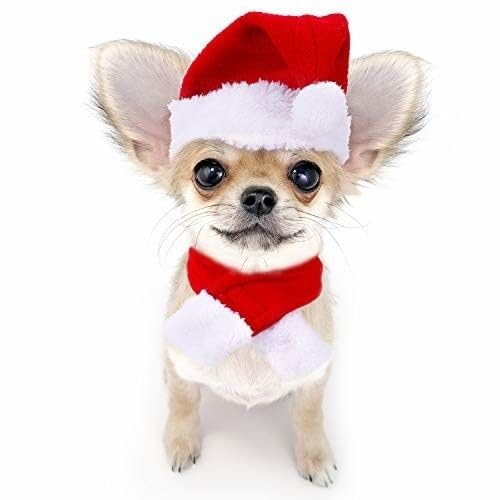 NANSAM Weihnachtskostüm für Katze mit Weihnachtsmütze und Schal, Weihnachtsset 2 Stück, verstellbares Haustier-Set für Kätzchen und Welpen - Rot