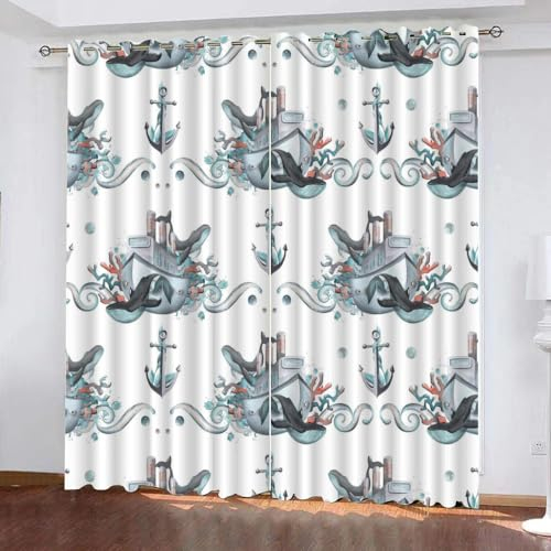GIOVIA 3D Seestern Gardinen Abdunkelnde Maritim Anker Kindervorhänge Vorhang mit ösen 2er Set Vorhänge Blickdicht Verdunkelungs für Kinderzimmer Schlafzimmer Wohnzimmer B 200 X H 160 cm