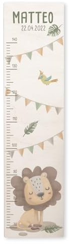 Personalisierte Messlatte für Kinder mit buntem Wunschdruck - 70-140 cm - Größenmesser Kinderzimmer aus Holz - Wand Dekoration Messleiste Kind - Personalisiertes Geschenk Baby (Löwe)
