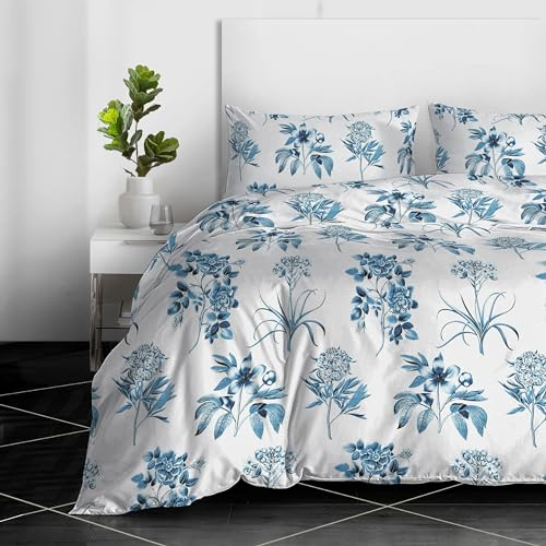 RAYBedding 3PCS Duvet Set 100% Egyptian Cotton Double Bed Set 400 Thread Count Floral Printed Blue Floral Duvet Cover with Pillow Cases 2 Pack