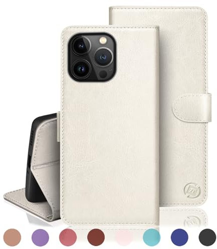 RingPi Cover per iPhone 13 Pro 6.1【Blocco RFID Slot Carte Portafoglio】【Supporto Cellulare Magnetica custodia】 uomo donna Pelle Sintetica Custodia telefono per Apple 13 Pro,Bianco