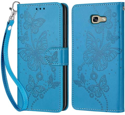 Handyhülle für Samsung Galaxy A5 2017 Hülle, Samsung A5 2017 Hülle, Premium Leder Flip Klappbare Stoßfeste Magnetische [Standfunktion] [Kartenfächern] Schutzhülle Tasche - Blau Schmetterling