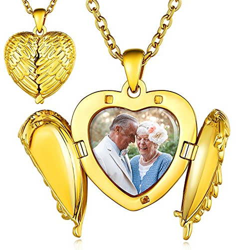 Custom4U Collar Foto Personalizada Mujer Alas de Angel Colgante Corazón Romántico Joyería Memorial Pareja Regalo Día Valentín Aniversario