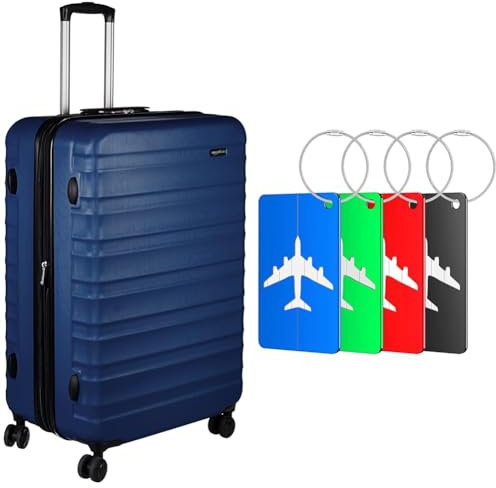 Amazon Basics Valise de Voyage à roulettes pivotantes, Bleu Marine, 78 cm & Brencco 4 Étiquettes à Bagages en Aluminium avec Carte pour informations personnelles, Résistantes à la saleté