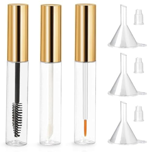 Bottle with Eye Lash Brush Empty | Mascara Empty Tube | 10ml Empty Mascara Tube and Wand Amber | Refillable Mascara Tube and Wand with Rubber Inserts and Funnels (Gold,1set)