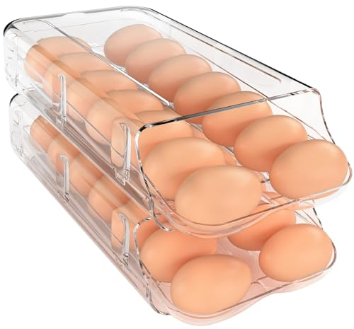 theaoo Eierhalter für Kühlschrank, automatischer Eierbehälter für Kühlschrank, transparenter Kunststoff-Eierspender, stapelbarer Eier-Organizer mit schnell herausnehmbarer Innenschale für Organizer