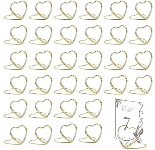 32Pcs Metal Double Heart Steel Photo Holders Golden Picture Stand Name Clips Picture Photo Display Heart Place Card Holders for Wedding Reception Party Office