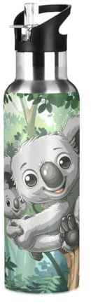 Niigeu Ours Koala De La Jungle De Dessin Animé Bouteille d'eau Isotherme avec Paille en Acier Inoxydable Gourde, Sans BPA Gourdes Eau pour Enfant Sport Randonnée École Bureau (600ml/1L)