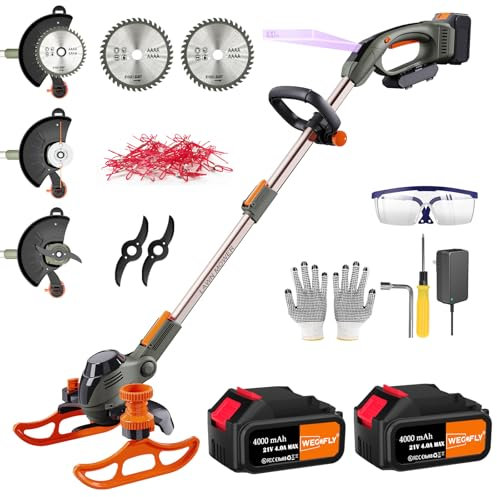 WeGofly Akku-Rasentrimmer, (2 x 21V 4.0A Akku und schnelles Ladegerät), 4-in-1-Rasentrimmer/Radkantenschneider/Mini Rasenmäher/Freischneider, mit 2X Sägeblätter, 2X Metallmesser, 20x Trimmerfaden