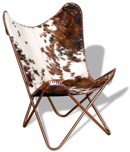 Myheimly Echt Leder Butterfly Sessel - Schmetterling Relaxstuhl Vintage Retro Mit Echtlederbezug - Ergonomischer Sessel 74 x 66 x 90 cm Braun und Weiß
