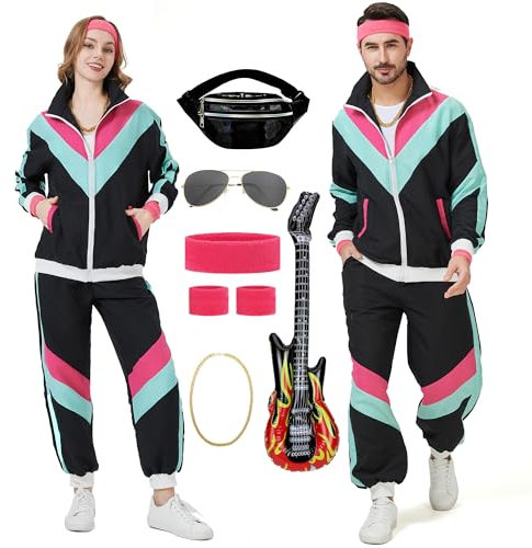 KUKIKUKI 80S Trainingsanzug Kostüm für Männer Frauen Retro 90er Jahre Kostüm Outfit Disco Trainingsanzüge Hip Hop Sportanzug Set (Schwarz, S)