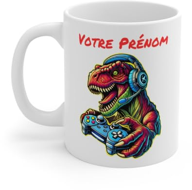 Mug Gamer T-Rex Personnalisé - Tasse Dino avec Manette - Cadeau Fun pour les Amateurs de Jeux Vidéo pour enfants et adultes