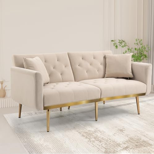 Dolamaní Schlafsofa Klappbares Couch, Sofa Klein 3 sitzer mit Schlaffunktion, Robuste Metallfüße, Samt (Beige)