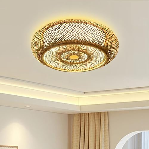 Atnhyruhd Deckenleuchte Bambus Deckenlampe LED Holzlamp Asiatische rustikale Bambus Flush Mount Deckenleuchte Rattan Deckenbefestigung 3-Lampe Für Schlafzimmer Wohnzimmer Flur (40cm)