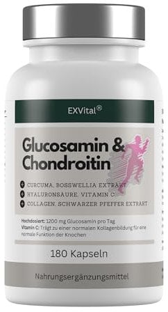Glucosamin Chondroitin hochdosiert - 1200 mg pro Tag- mit Curcuma, Weihrauch, Hyaluronsäure, Vitamin C, Collagen & Piperin -180 Kapseln, laborgeprüft