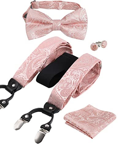 Alizeal Ensemble nœud papillon et bretelles 6 pinces pour homme Mouchoir et boutons de manchette Noir, 071-rose poudré, taille unique
