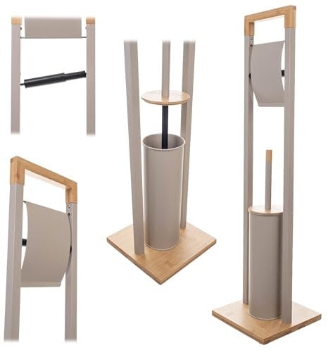 KADAX Toilettenpapierhalter mit integrierter WC-Bürste, Klopapierhalter Stehend mit Klobürste für Badezimmer, WC Garnitur aus Stahl und Bambus (Beige)