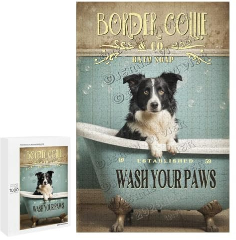 Funny Border Collie Puzzle for Adults – 1000 pcs Wooden Jigsaw – Wash Your Paws Art Design for Relaxation, Mental Health, and Home Display