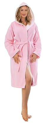 KLASBROOK® Lina Bademantel Damen mit Kapuze aus 100% Baumwolle, Größe XL, Rosé, Tasche mit Reißverschluss, Luxus Bademantel lang, Frottee, flauschig und saugfähig, OEKO-TEX 100 zertifiziert
