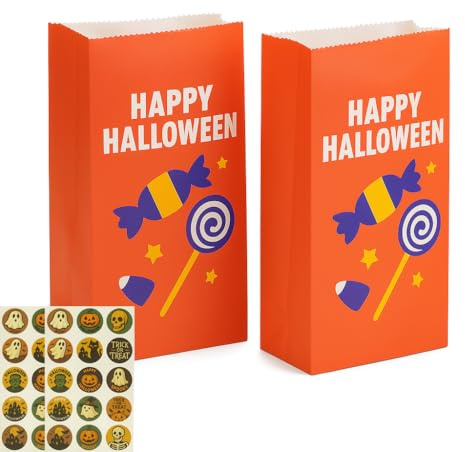Halloween Candy Tüten, 24 Stück Papiertüten mit 30 Aufkleber zum Verpacken von Geschenken, Giveaways, Kindergeburtstag, Hochzeit, Party, usw