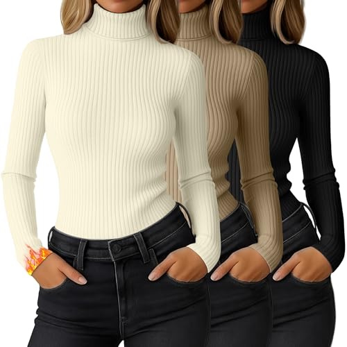 Ficerd 3er-Pack Damen-Thermo-Rollkragenoberteile mit Rippenmuster Langärmlige Stretch-Shirts Gestrickt Tailliert Basisschicht