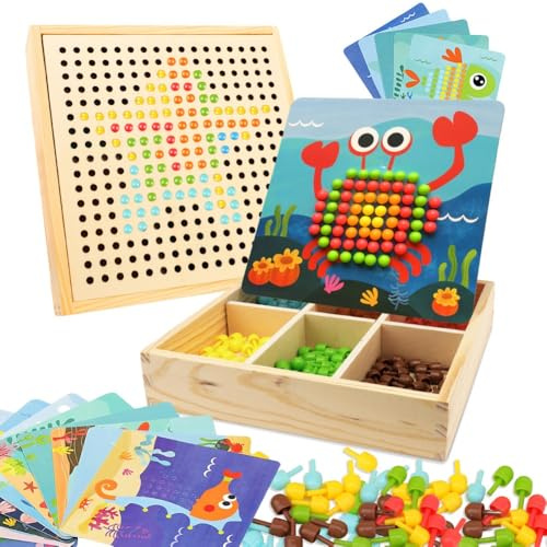 RANJIMA Mosaik Steckspiel für Kinder, Spielzeug ab 2 3 4 5 Jahre Holz Mosaik Bastelset Kinder Pegboard Gabelungen mit Steckperlen 3D Geschenke für Jungen Mädchen Weihnachten, Meerestiere