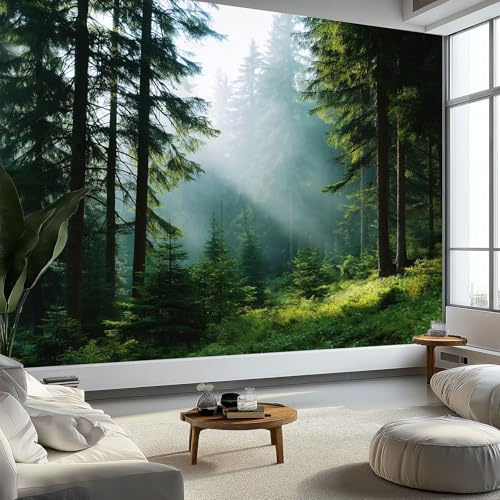 Tapete Fototapete 3d Effekt Natur Sonnenlicht Nebelwald, 200 x 140 cm (B x H) Wandbild Wanddeko für Wohnzimmer Schlafzimmer, Grün Vlies Tapeten mit Geruchsfreiheit Wandposter Wandkunst